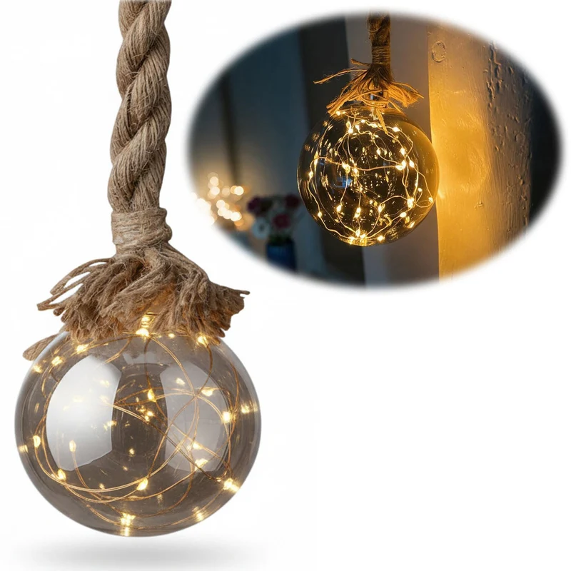 XL LED Deko Glas Lichtkugel 14cm Hanf-Tau Timer WarmWeiß Batterie Sisal-Seil