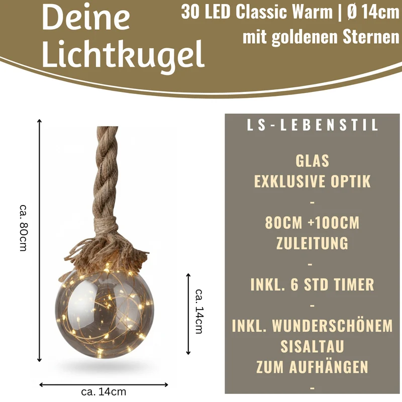 XL LED Deko Glas Lichtkugel 14cm Hanf-Tau Timer WarmWeiß Batterie Sisal-Seil