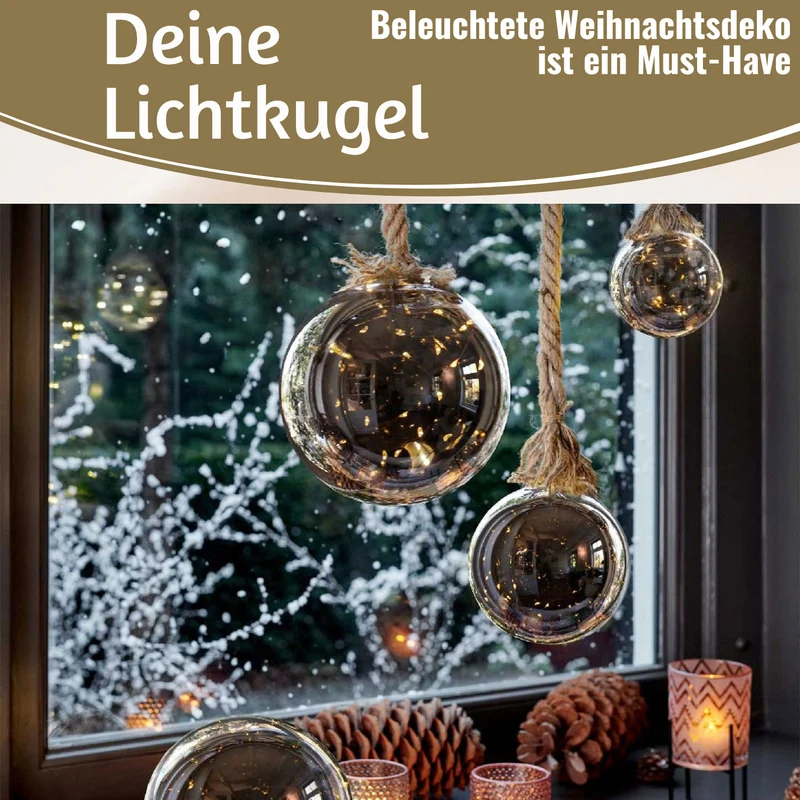 XL LED Deko Glas Lichtkugel 14cm Hanf-Tau Timer WarmWeiß Batterie Sisal-Seil