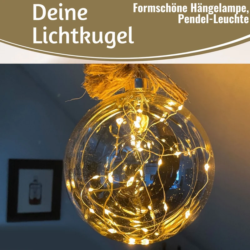XL LED Deko Glas Lichtkugel 14cm Hanf-Tau Timer WarmWeiß Batterie Sisal-Seil