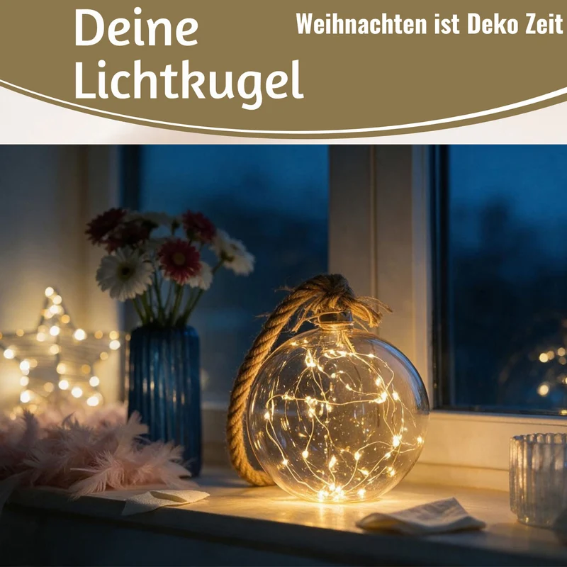 XL LED Deko Glas Lichtkugel 14cm Hanf-Tau Timer WarmWeiß Batterie Sisal-Seil