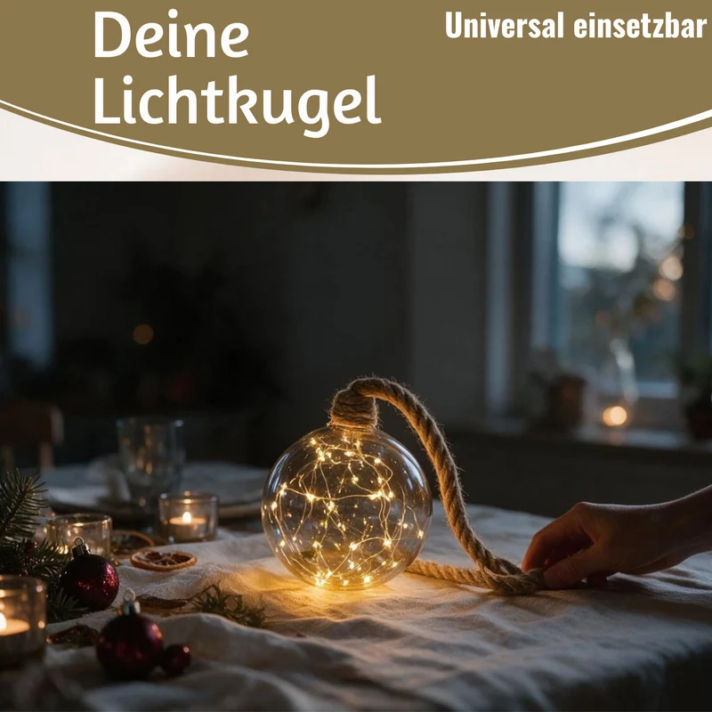 XL LED Deko Glas Lichtkugel 14cm Hanf-Tau Timer WarmWeiß Batterie Sisal-Seil