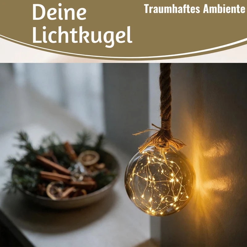 XL LED Deko Glas Lichtkugel 14cm Hanf-Tau Timer WarmWeiß Batterie Sisal-Seil