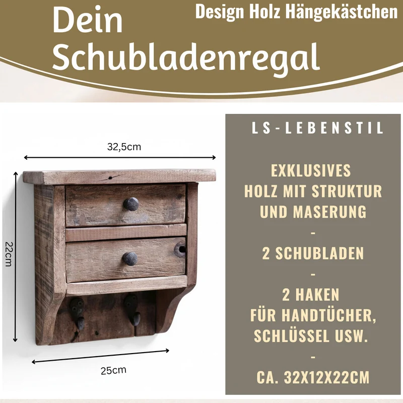 Vintage Küchenregal Dehli 25cm hängend mit 2 Haken Gewürzregal Wandregal Wandboard