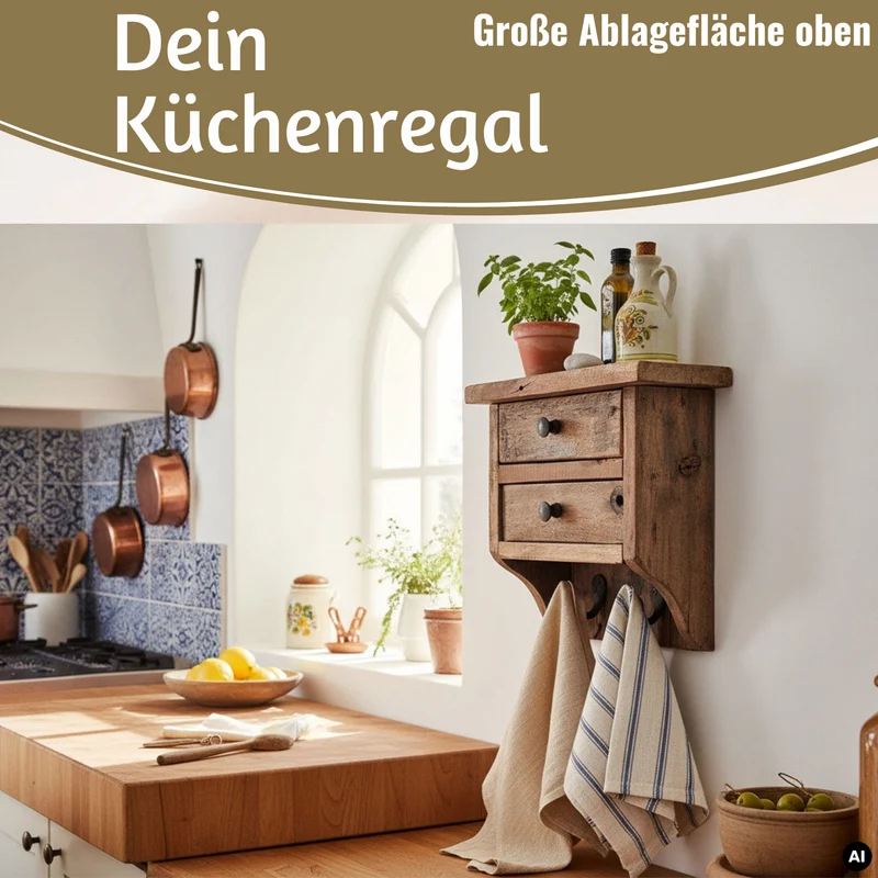 Vintage Küchenregal Dehli 25cm hängend mit 2 Haken Gewürzregal Wandregal Wandboard