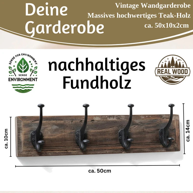 Vintage Wandgarderobe Dehli 50cm Teak Holz Braun 4/8 Haken Recycelt Kleiderhaken