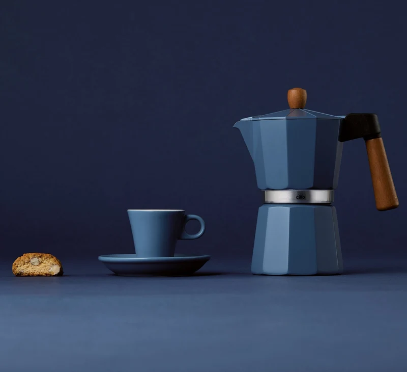 Cilio, Espressokocher Legno, 6 Tassen, blau