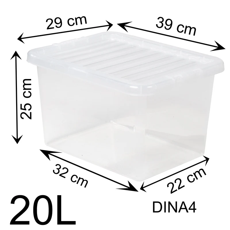 AUFBEWAHRUNGSBOX 20 Liter - Aufbewahrungsbox mit Deckel - 39x29x25cm - transparent klar - stapelbar - DINA4 Format - Kunststoff Box Stapelkiste Unterbettkommode Büro