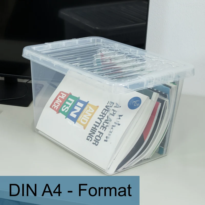 AUFBEWAHRUNGSBOX 20 Liter - Aufbewahrungsbox mit Deckel - 39x29x25cm - transparent klar - stapelbar - DINA4 Format - Kunststoff Box Stapelkiste Unterbettkommode Büro