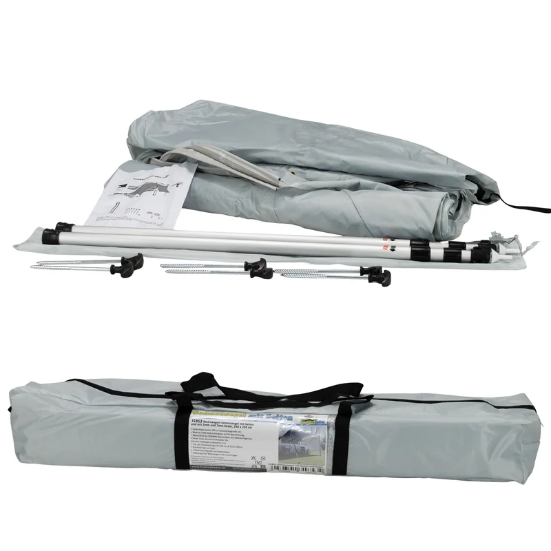 Sonnensegel 250x240 mit Seitenwand für Wohnwagen Wohmobil Vorzelt Camping Gestänge Sonnenschutz Reisevorzelt Busvorzelt 5000mm Wasserfest