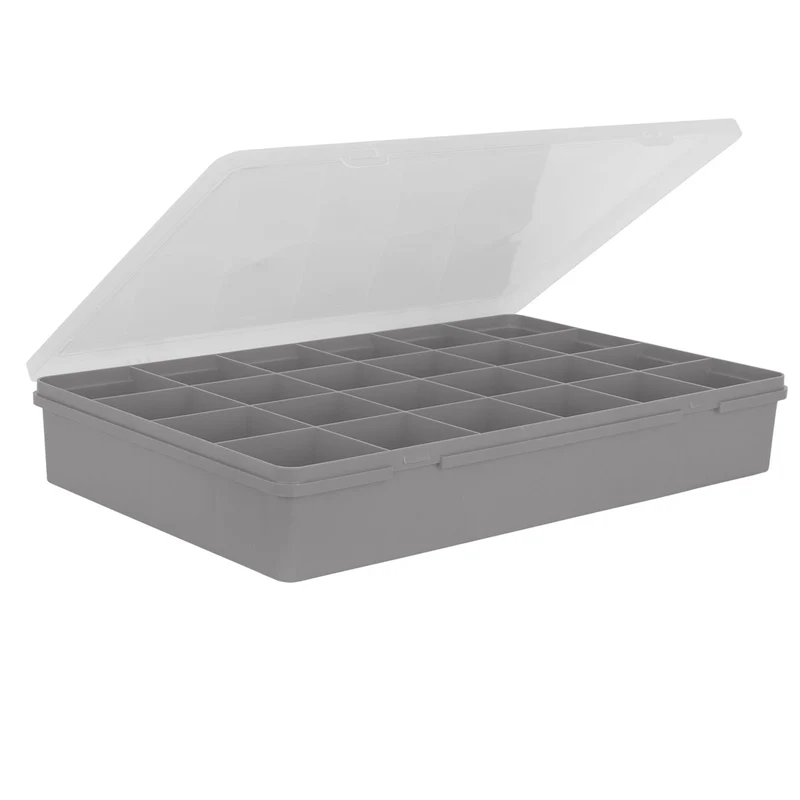 XXL Sortierbox mit 24 Fächern zu je 8,5x9,5 cm - 60x38x10cm groß GRAU mit transparentem Deckel - ideal für Christbaumkugel und Weihnachtsschmuck Aufbewahrungsbox Sortimentskasten Sortierkasten