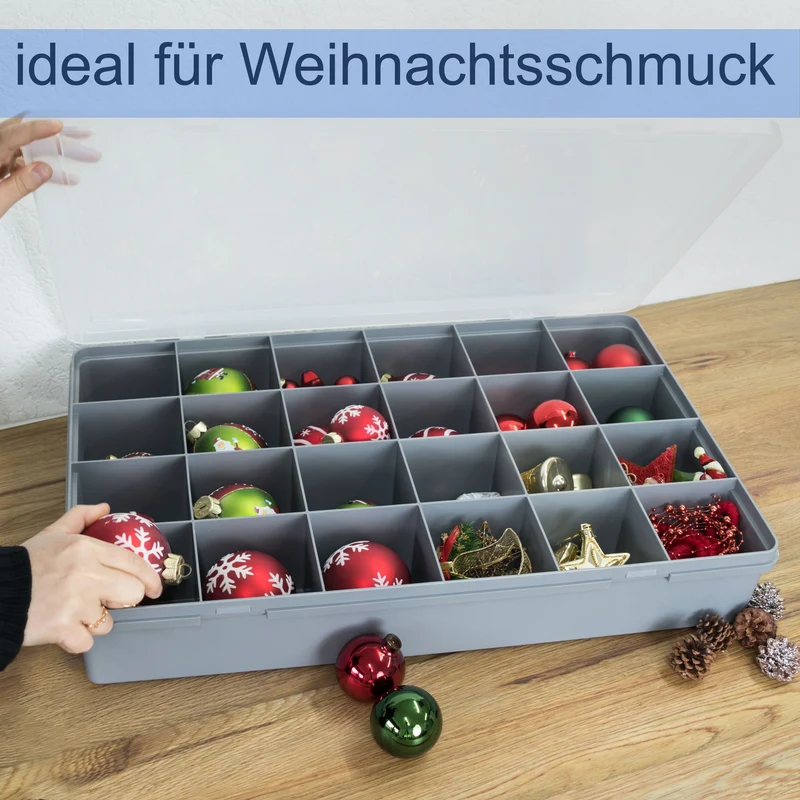 XXL Sortierbox mit 24 Fächern zu je 8,5x9,5 cm - 60x38x10cm groß GRAU mit transparentem Deckel - ideal für Christbaumkugel und Weihnachtsschmuck Aufbewahrungsbox Sortimentskasten Sortierkasten