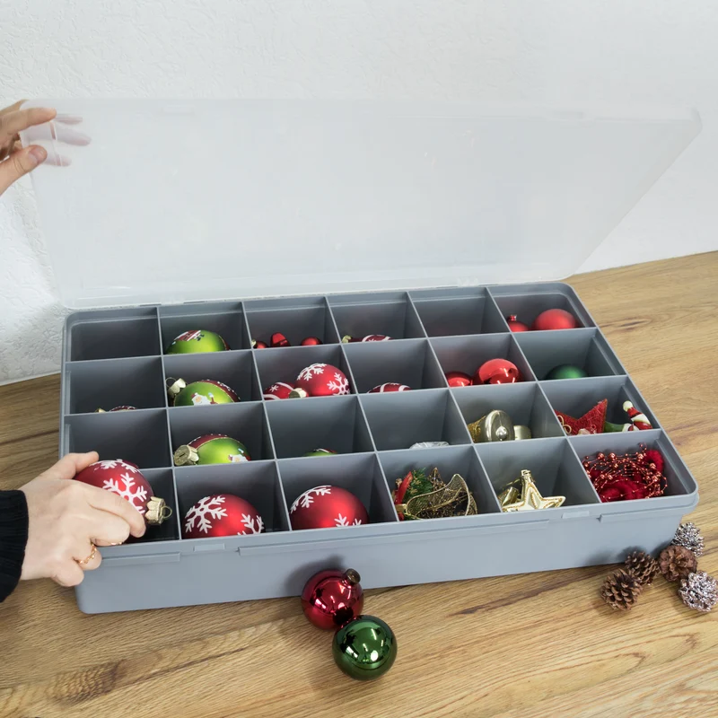 XXL Sortierbox mit 24 Fächern zu je 8,5x9,5 cm - 60x38x10cm groß GRAU mit transparentem Deckel - ideal für Christbaumkugel und Weihnachtsschmuck Aufbewahrungsbox Sortimentskasten Sortierkasten