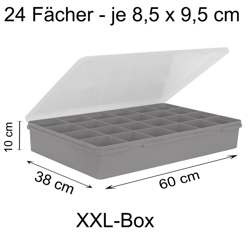 XXL Sortierbox mit 24 Fächern zu je 8,5x9,5 cm - 60x38x10cm groß GRAU mit transparentem Deckel - ideal für Christbaumkugel und Weihnachtsschmuck Aufbewahrungsbox Sortimentskasten Sortierkasten