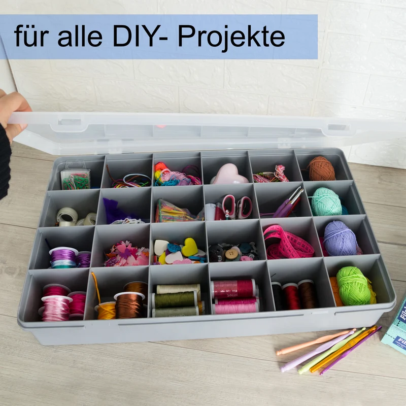 XXL Sortierbox mit 24 Fächern zu je 8,5x9,5 cm - 60x38x10cm groß GRAU mit transparentem Deckel - ideal für Christbaumkugel und Weihnachtsschmuck Aufbewahrungsbox Sortimentskasten Sortierkasten