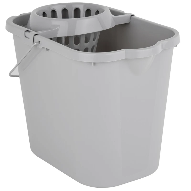 Wringeimer mit Siebaufsatz, Ausguss und Metall-Henkel - 12 Liter - grau - Rechteckig - Skala Putzeimer Wischeimer Wringeimer Eimer Haushaltseimer Wassereimer Wischmop-Eimer