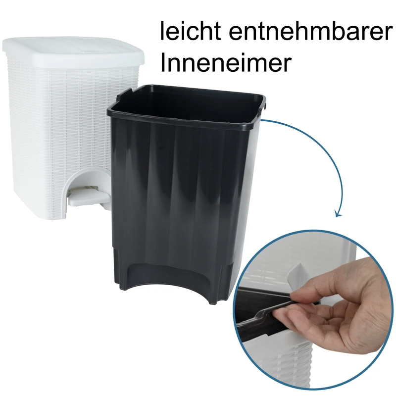 Mülleimer Treteimer 20 Liter mit separatem Inneneiner eckig 30x27x37cm Rattanoptik Kunststoff - Pedal zum Öffnen und Schliessen - Küche Pedaleimer Papierkorb Eimer Abfalleimer Abfallbehälter Mülltonne