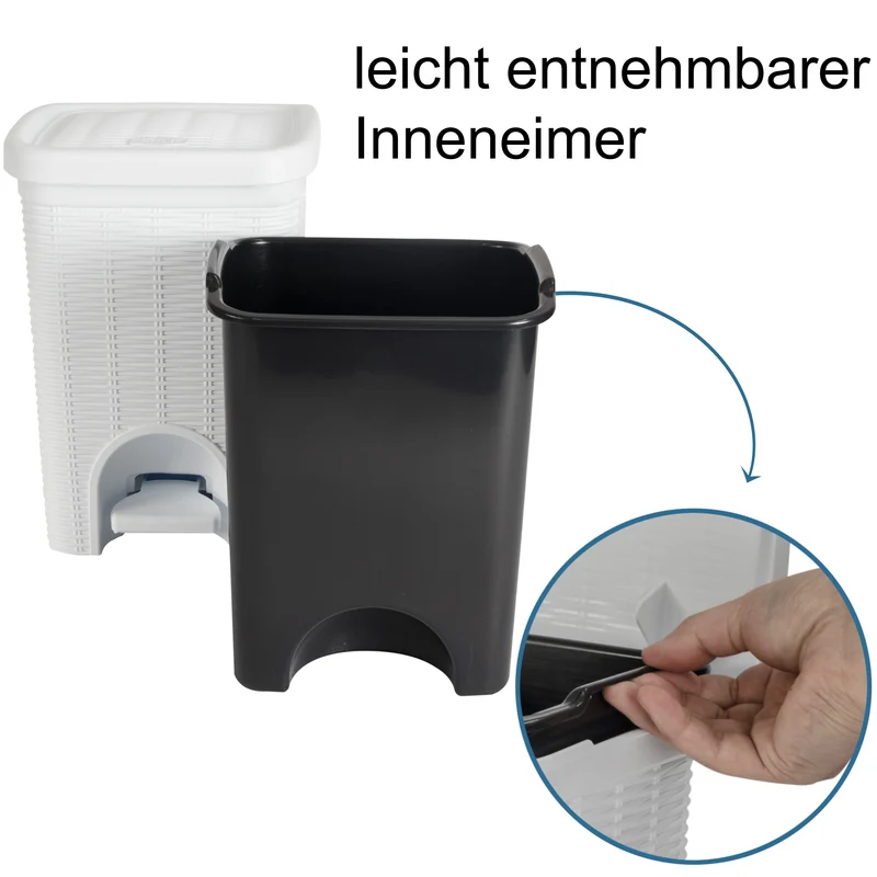 Mülleimer Treteimer 6 Liter mit separatem Inneneiner eckig 20x20x28cm Rattanoptik Kunststoff - Pedal zum Öffnen und Schliessen - Bad Pedaleimer Papierkorb Eimer Abfalleimer Abfallbehälter Mülltonne