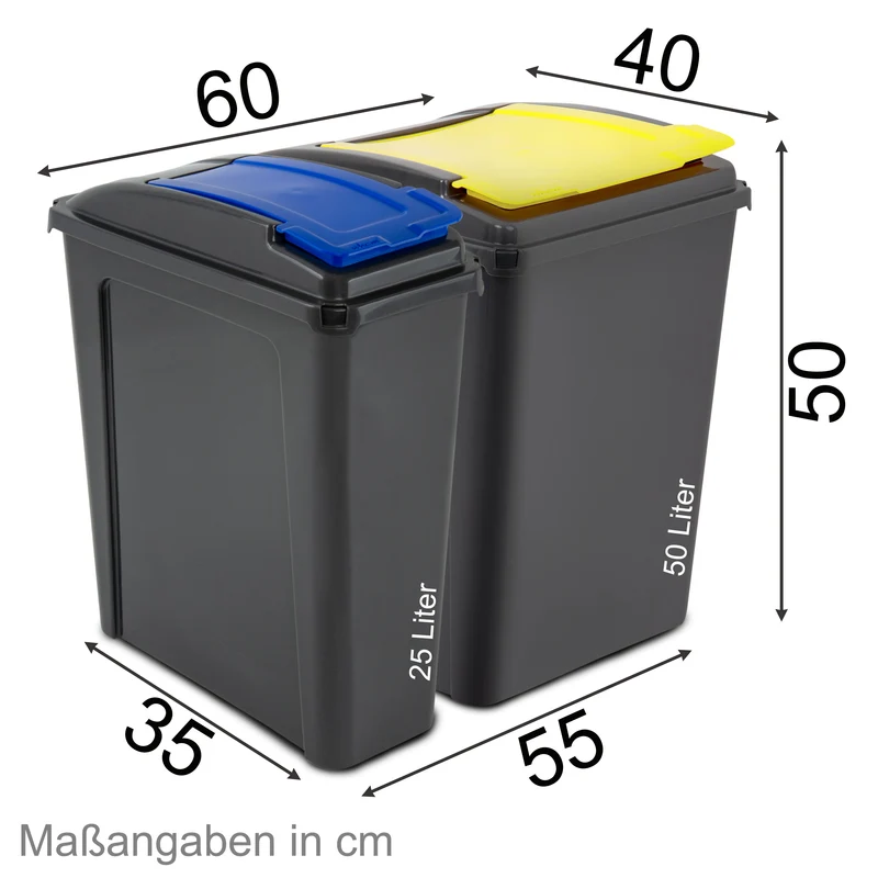 1x 50 Liter + 2x 25 Liter Mülltonne Schwarz Recyclingtonne mit abnehmbarem Klappdeckel - Schmal Küche Mistkübel Trash Bin Gelber Sack Groß Küchenabfalleimer Papiermülleimer