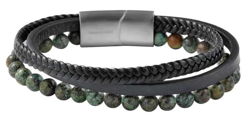 Design Unisex Lederarmband 21cm Sóller Dreifach Schwarz Grün Natursteine Echtleder
