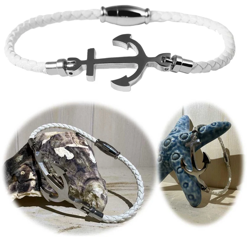 Elegantes Damen Lederarmband 18cm Kampen Anker Weiß Silber geflochten Echtleder