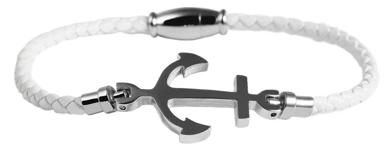 Elegantes Damen Lederarmband 18cm Kampen Anker Weiß Silber geflochten Echtleder