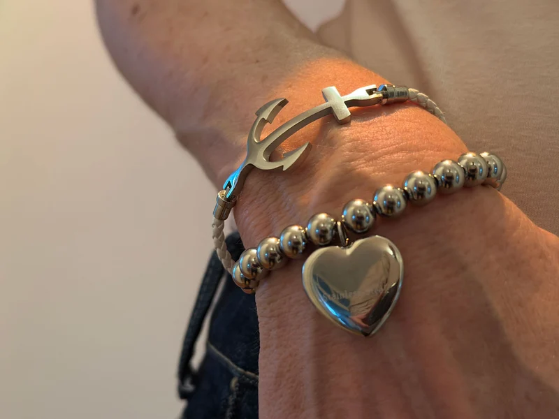 Elegantes Damen Lederarmband 18cm Kampen Anker Weiß Silber geflochten Echtleder