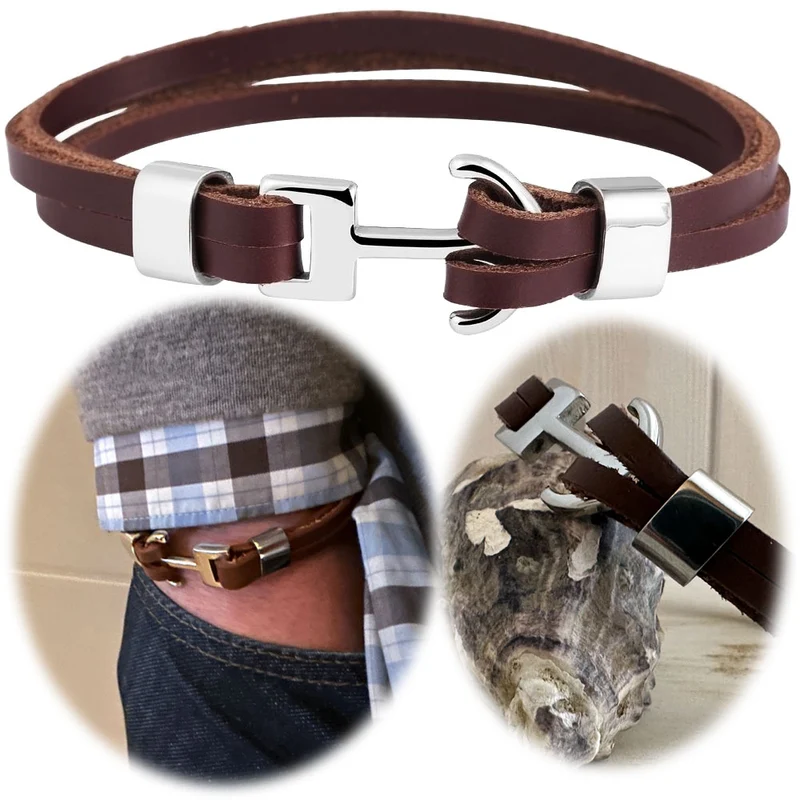 Elegantes Unisex Lederarmband 23cm List Zweifach Anker Braun Silber Echtleder