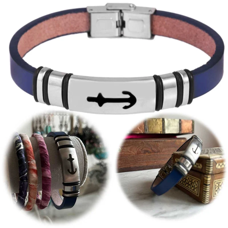 Elegantes Unisex Lederarmband 21cm Sylt Anker Motiv Blau Silber Echtleder