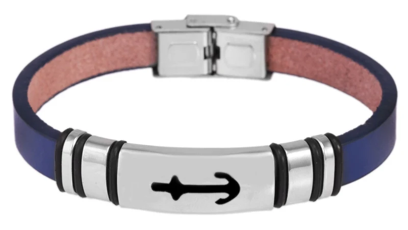 Elegantes Unisex Lederarmband 21cm Sylt Anker Motiv Blau Silber Echtleder