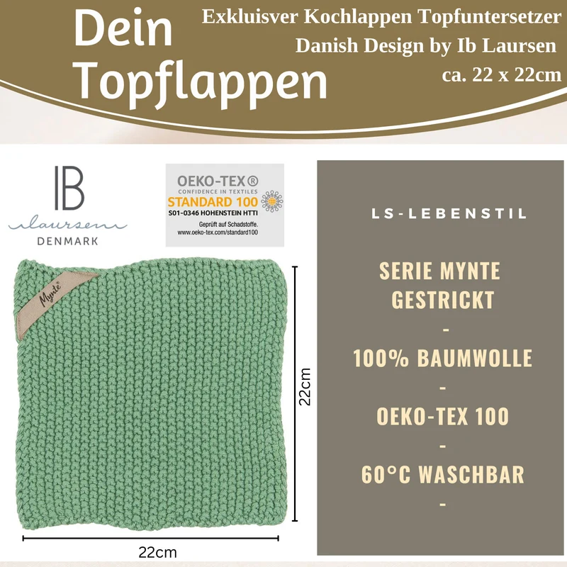 Vintage Topflappen 22cm Mynte Wasabi Grün Gestrickt 100% Baumwolle OEKO-TEX 100