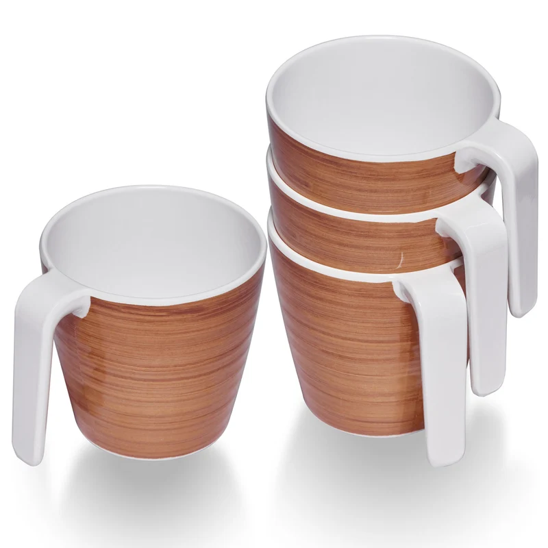 4 Stück Melamin Tasse 350 ml ideal für Camping - Bambi Braun - Stapelbar - 4 Personen Holzoptik Trinkbecher Kaffeetasse Kaffeebecher
