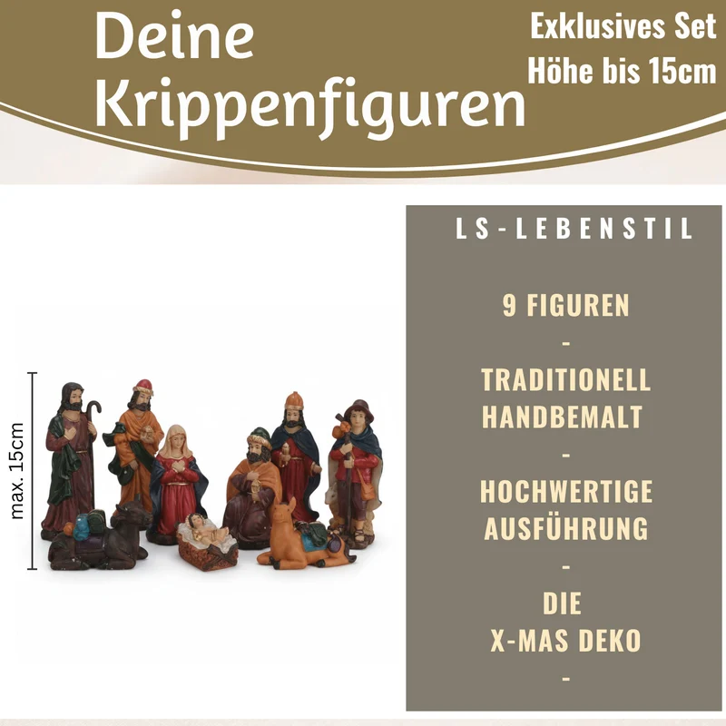 XL Krippenfiguren Set 9 Figuren 15cm Traditionell Handbemalt Krippe Krippenset