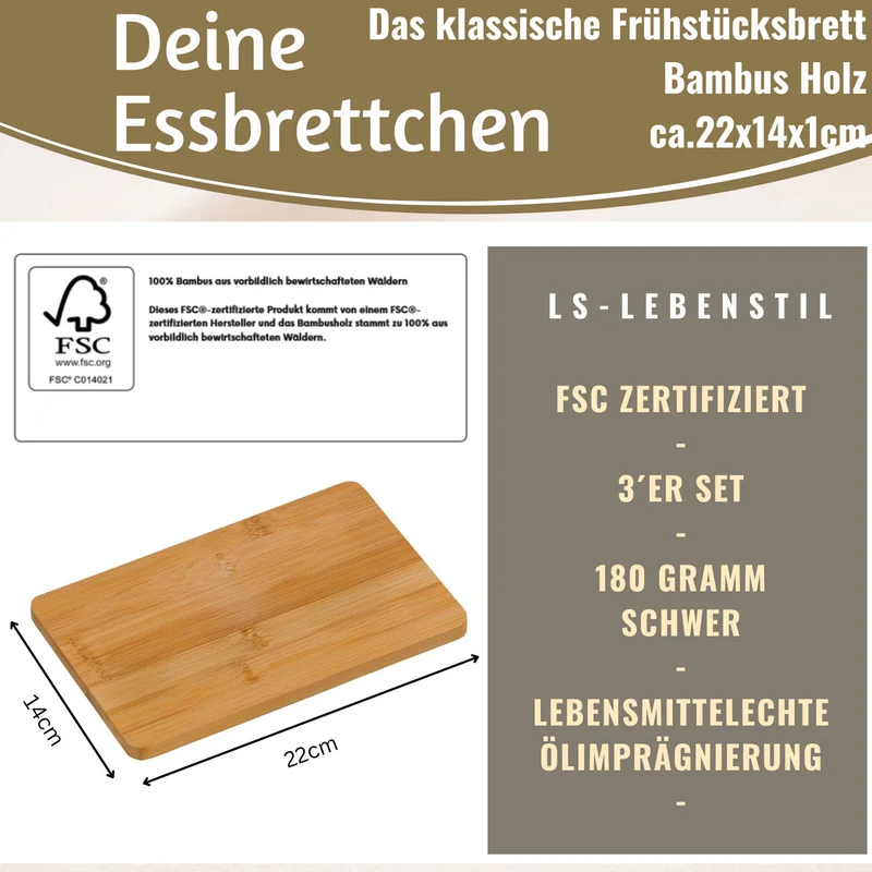 3x Holz Frühstücksbrett Essbrettchen 22x14cm Set Bambus Küchenbrett Holzbrett