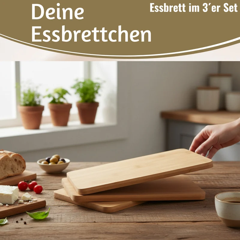 3x Holz Frühstücksbrett Essbrettchen 22x14cm Set Bambus Küchenbrett Holzbrett