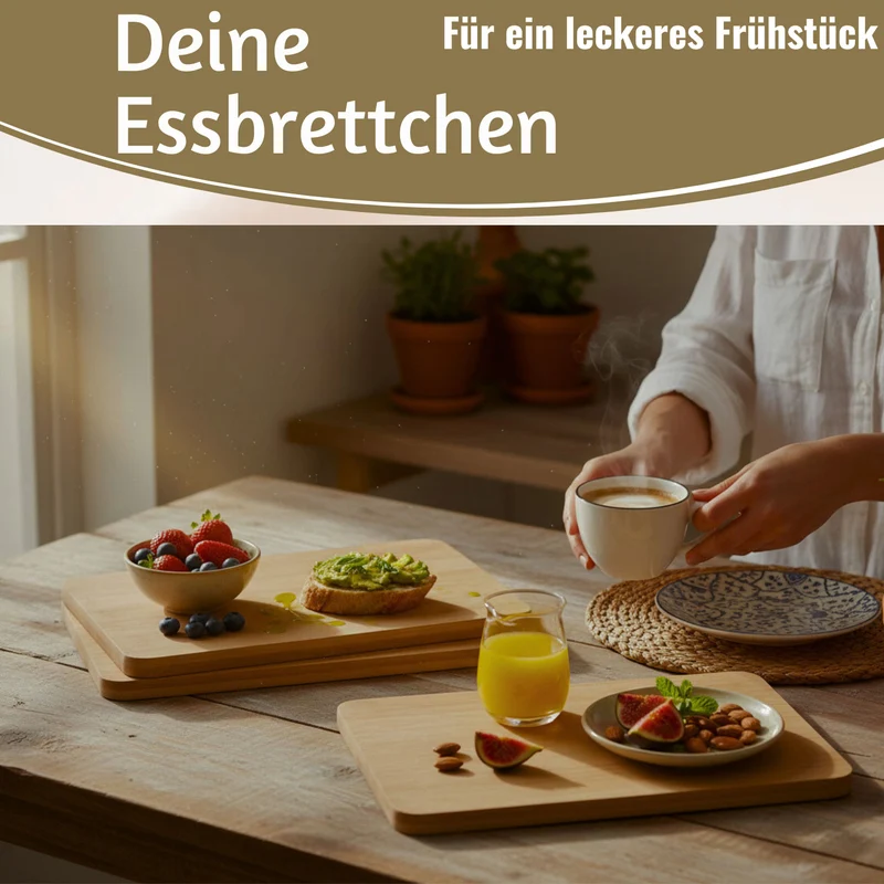 3x Holz Frühstücksbrett Essbrettchen 22x14cm Set Bambus Küchenbrett Holzbrett