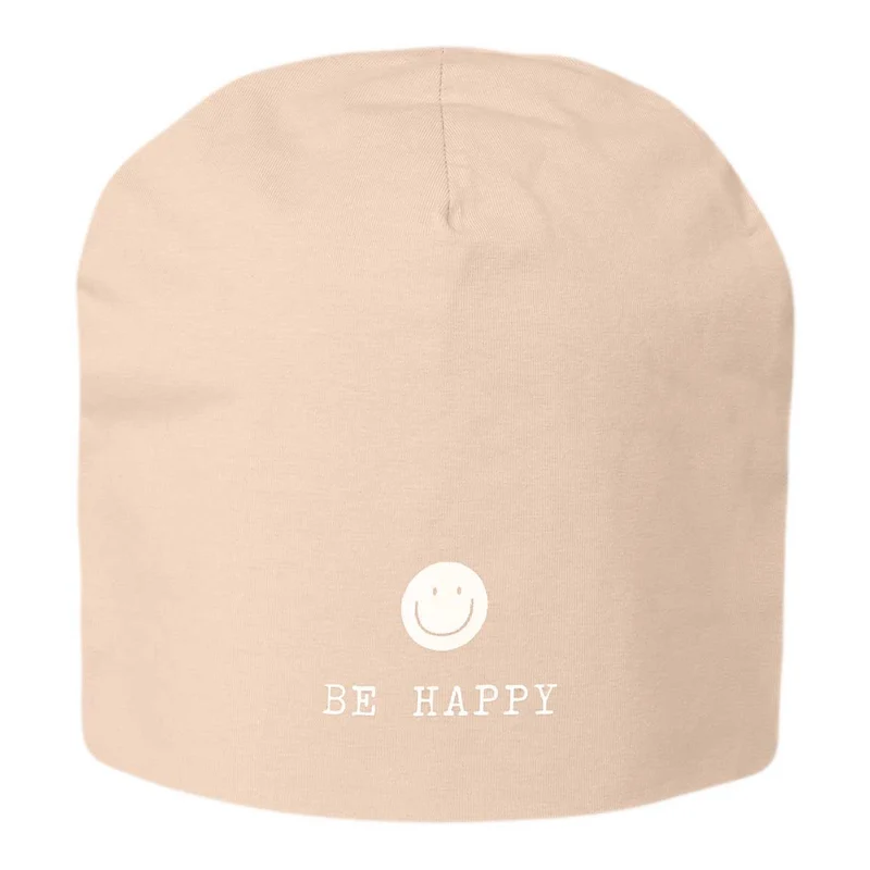 Stylische Mütze Unisex "Be Happy" Beige Jersey Stretch Beanie weich dehnbar
