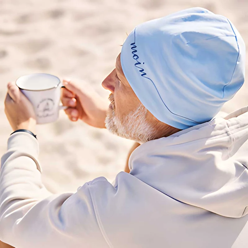 Stylische Mütze Unisex "Moin" Blau Jersey Stretch Beanie weich dehnbar