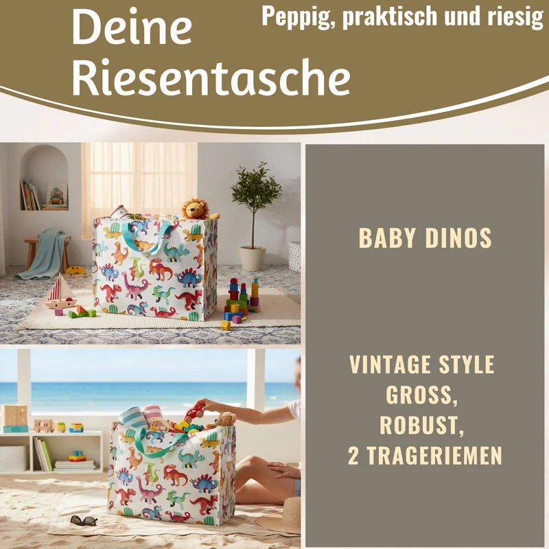 XXL Jumbo Bag Baby Dinos Dinosaurier 55cm Recycelt Kunststoff Aufbewahrungstasche Einkaufstasche