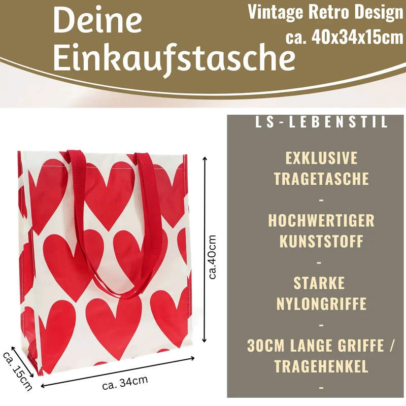 Retro Shopper Einkaufstasche Herzen Rot Weiß faltbar Strandtasche Tragetasche