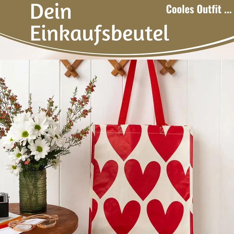 Retro Shopper Einkaufstasche Herzen Rot Weiß faltbar Strandtasche Tragetasche