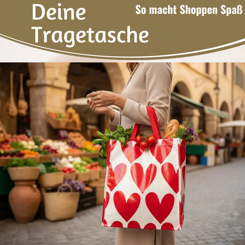Retro Shopper Einkaufstasche Herzen Rot Weiß faltbar Strandtasche Tragetasche