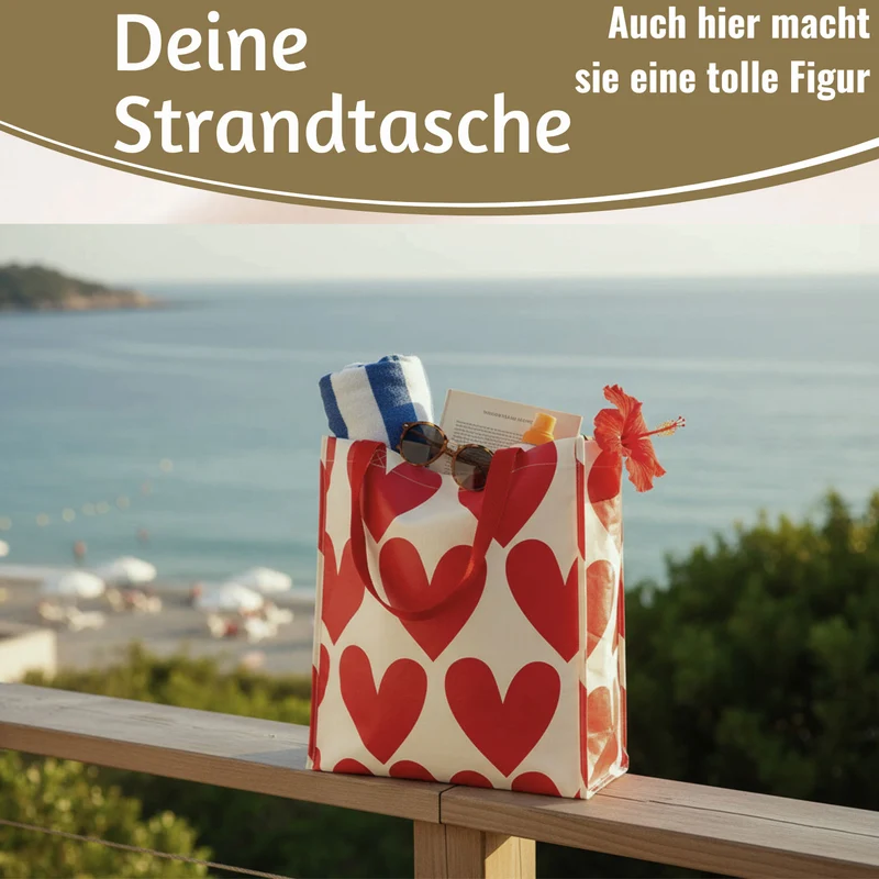 Retro Shopper Einkaufstasche Herzen Rot Weiß faltbar Strandtasche Tragetasche