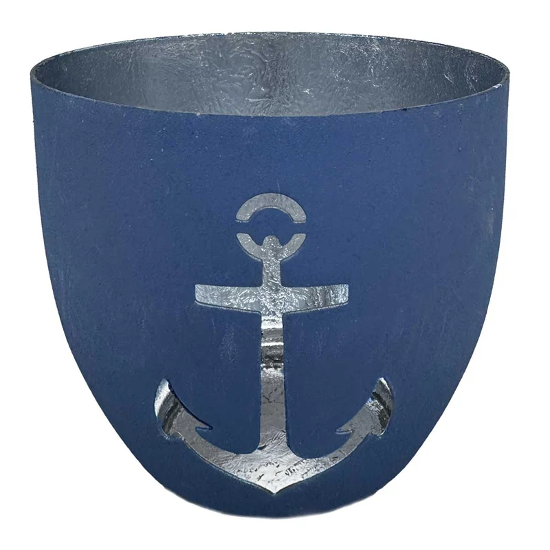 XL Metall Teelichthalter Anker 9cm Blau Silber Votiv Kerzenhalter Windlicht