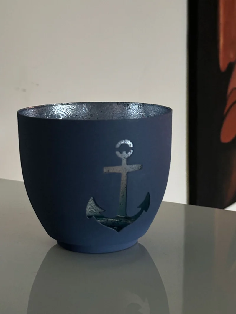 XL Metall Teelichthalter Anker 9cm Blau Silber Votiv Kerzenhalter Windlicht