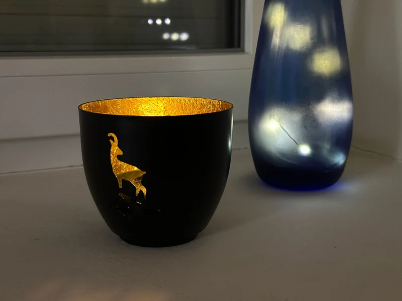 XL Metall Teelichthalter Steinbock 9cm Schwarz Gold Votiv Kerzenhalter Windlicht
