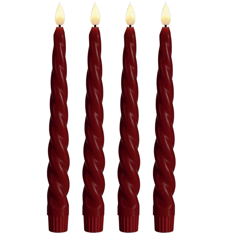 LED 3D Stabkerzen Ribe 4´er Set Rot gedreht 26cm Timer Fernbedienung flackernde Kerze