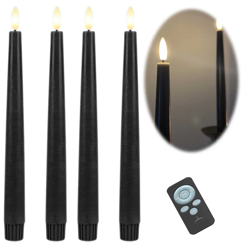 LED 3D Stabkerzen Ribe 4´er Set Schwarz 26cm Timer Fernbedienung flackernde Kerze