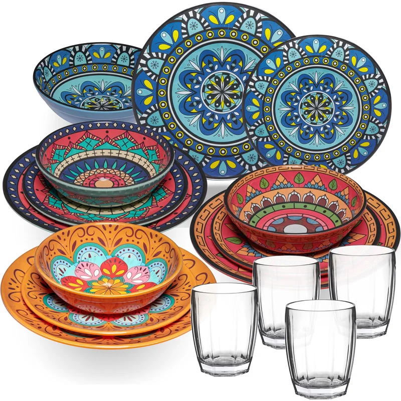 Melamin Geschirr Set Toskana für 4 Personen - 16 Teile - BUNT - Mandala-Optik mit klaren Trinkgläsern 320 ml aus Acryl Campinggeschirr