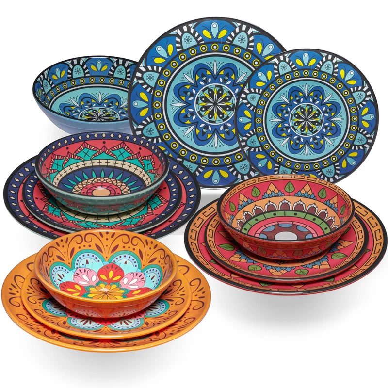 Melamin Geschirr Set Toskana für 4 Personen - 12 Teile - BUNT - Mandala-Optik Essgeschirr Campinggeschirr